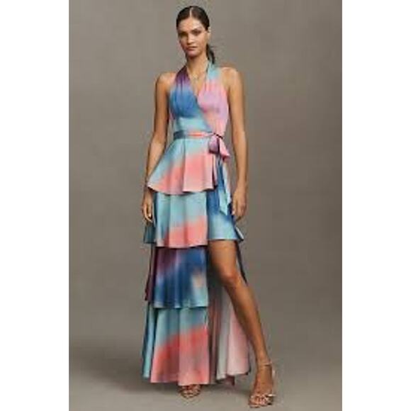 NEW NWT Hutch Satin Paige Wrap Maxi Tiered Ruffle Dress Multi Size Medium - Picture 1 of 6